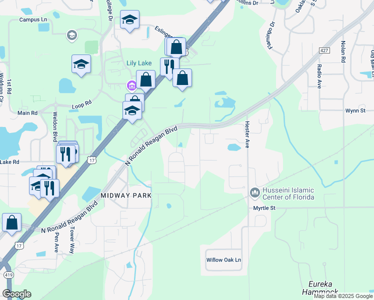 map of restaurants, bars, coffee shops, grocery stores, and more near 5010 Thomas Stable Road in Sanford