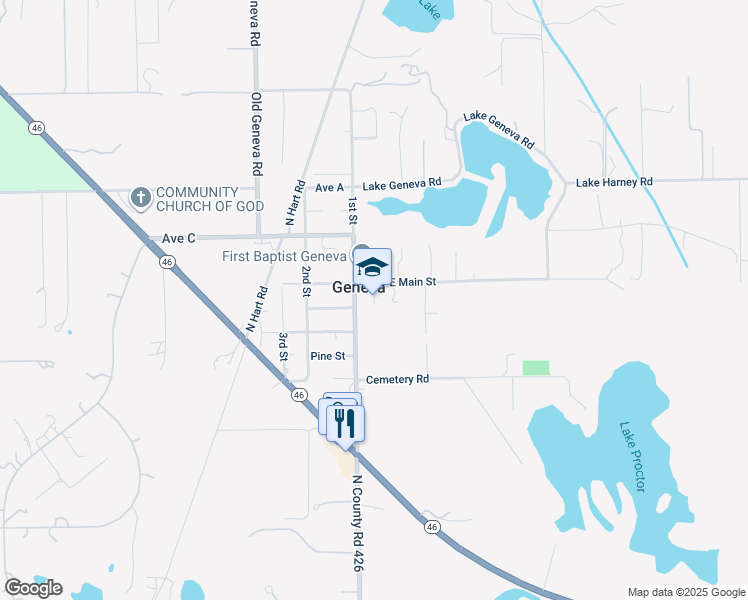 map of restaurants, bars, coffee shops, grocery stores, and more near 275 1st Street in Geneva