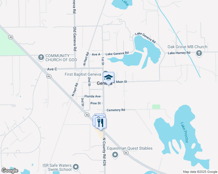 map of restaurants, bars, coffee shops, grocery stores, and more near 275 1st Street in Geneva