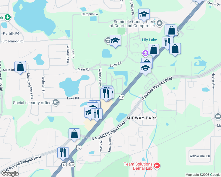map of restaurants, bars, coffee shops, grocery stores, and more near 295 Canyon Stone Circle in Lake Mary