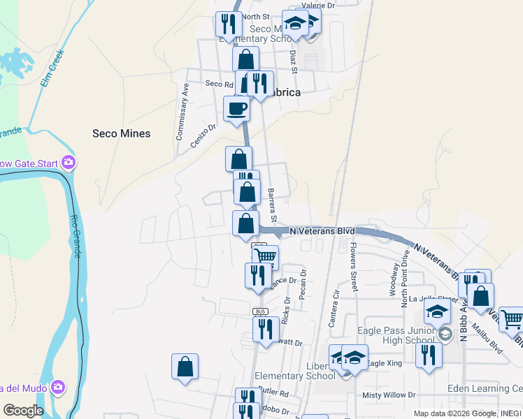 map of restaurants, bars, coffee shops, grocery stores, and more near 2405 Barrera Street in Eagle Pass