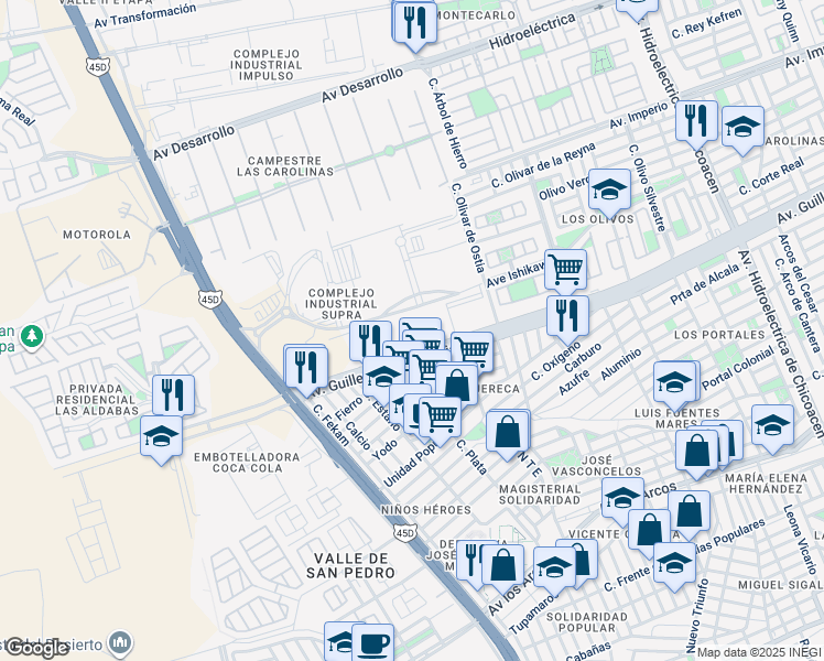 map of restaurants, bars, coffee shops, grocery stores, and more near 1001 Avenida Ishikawa in Chihuahua