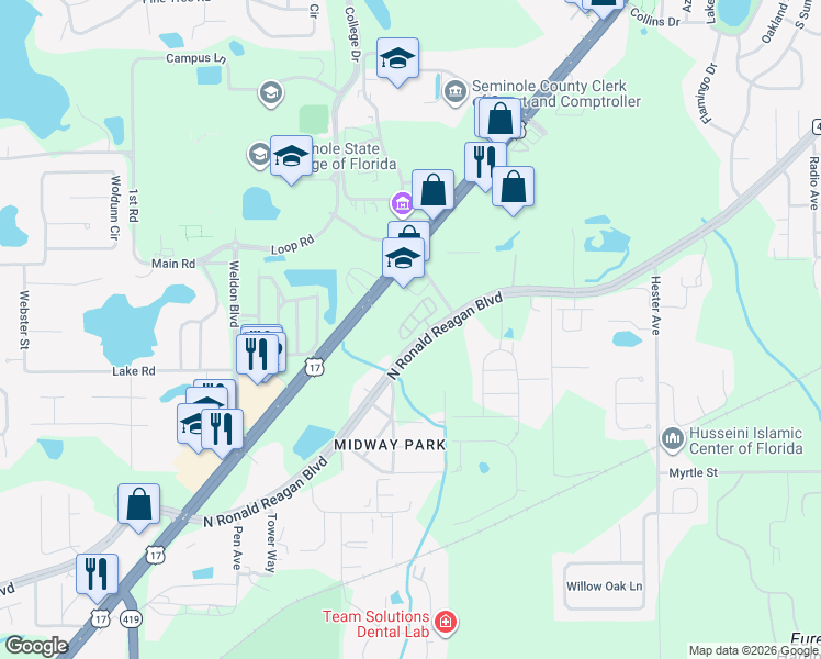map of restaurants, bars, coffee shops, grocery stores, and more near 4243 South Orlando Drive in Sanford
