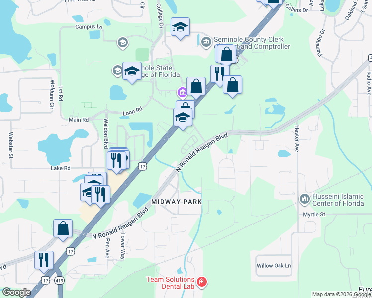 map of restaurants, bars, coffee shops, grocery stores, and more near 4243 South Orlando Drive in Sanford