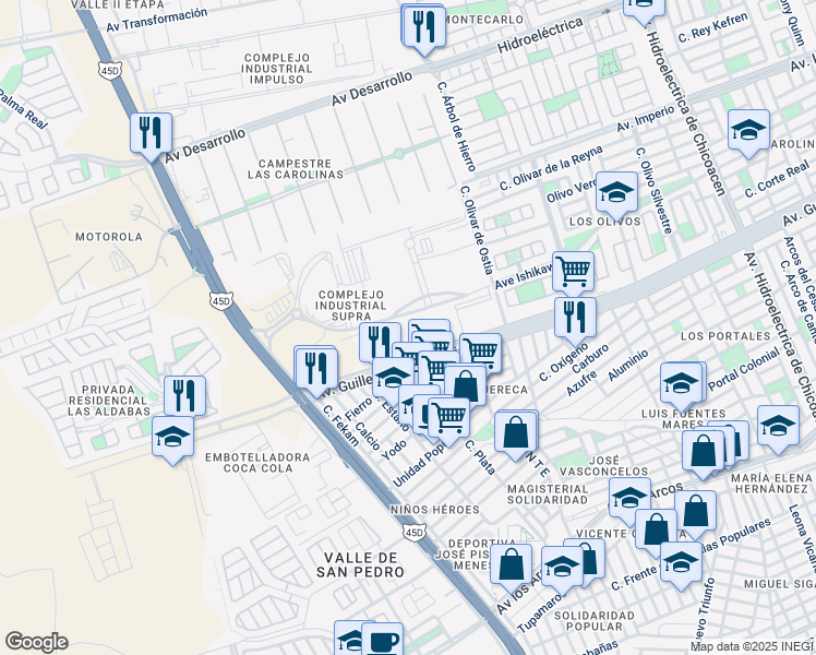 map of restaurants, bars, coffee shops, grocery stores, and more near 1001 Avenida Ishikawa in Chihuahua