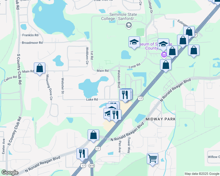 map of restaurants, bars, coffee shops, grocery stores, and more near 571 Napoleon Lane in Lake Mary