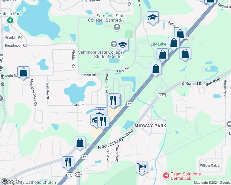 map of restaurants, bars, coffee shops, grocery stores, and more near 309 Canyon Stone Circle in Lake Mary