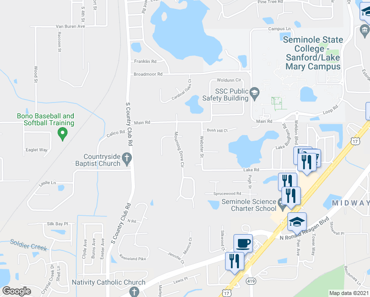 map of restaurants, bars, coffee shops, grocery stores, and more near 545 Mourning Dove Circle in Lake Mary