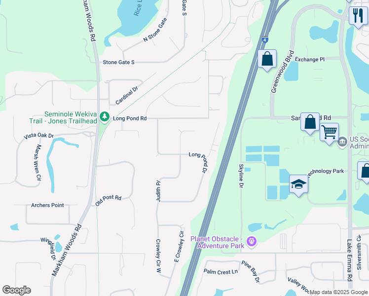 map of restaurants, bars, coffee shops, grocery stores, and more near 2119 Judith Place in Longwood