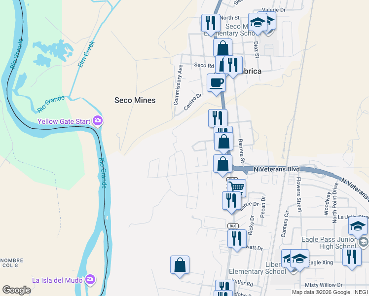 map of restaurants, bars, coffee shops, grocery stores, and more near 467 Cesar Chavez Circle in Eagle Pass