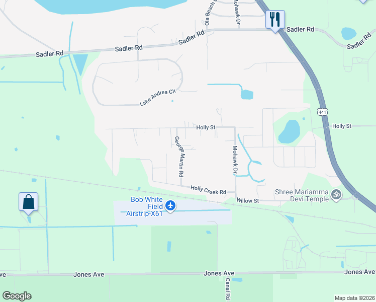 map of restaurants, bars, coffee shops, grocery stores, and more near 3719 George Martin Road in Mount Dora