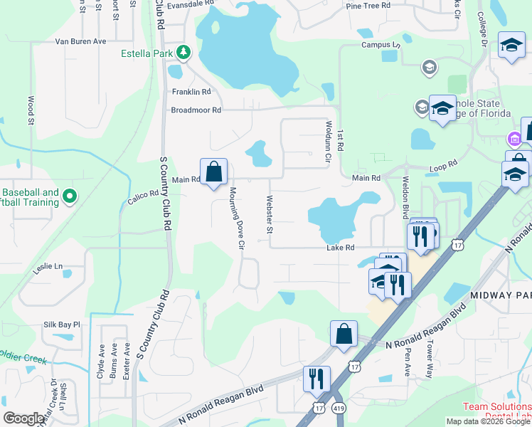 map of restaurants, bars, coffee shops, grocery stores, and more near 536 Webster Street in Lake Mary