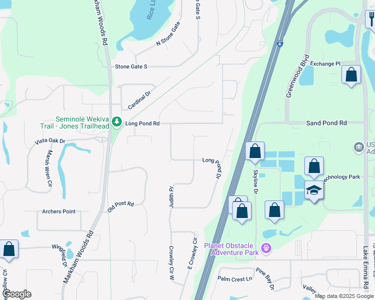 map of restaurants, bars, coffee shops, grocery stores, and more near 2119 Judith Place in Longwood