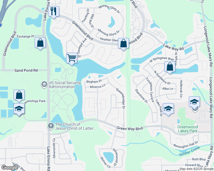 map of restaurants, bars, coffee shops, grocery stores, and more near 468 Queensbridge Drive in Lake Mary