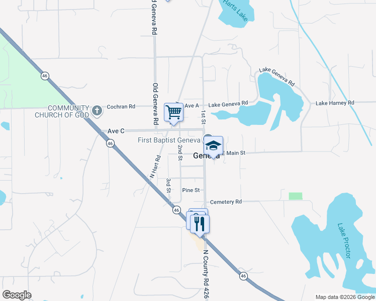 map of restaurants, bars, coffee shops, grocery stores, and more near 180 West Main Street in Geneva