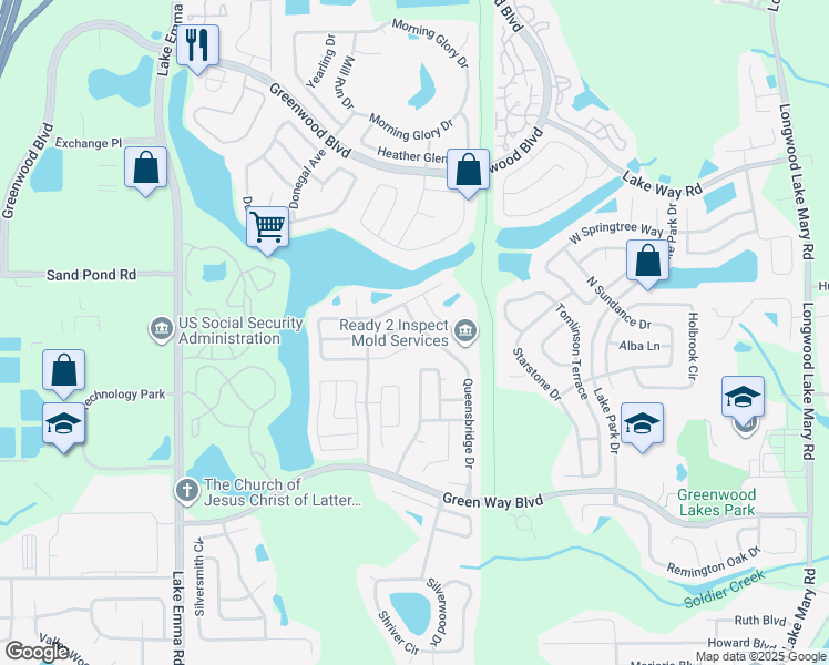 map of restaurants, bars, coffee shops, grocery stores, and more near 468 Queensbridge Drive in Lake Mary