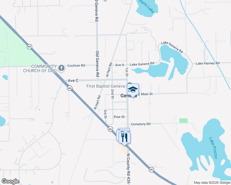 map of restaurants, bars, coffee shops, grocery stores, and more near 180 West Main Street in Geneva
