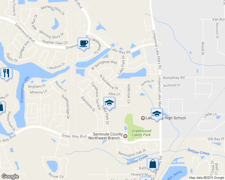 map of restaurants, bars, coffee shops, grocery stores, and more near 470 North Sundance Drive in Lake Mary