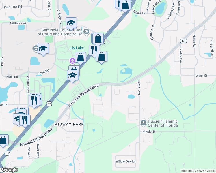 map of restaurants, bars, coffee shops, grocery stores, and more near 5195 County Road 427 in Sanford