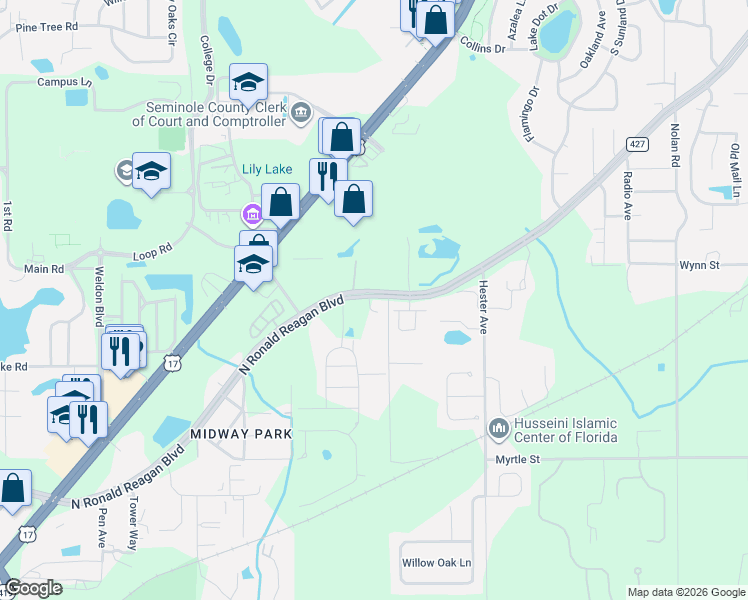 map of restaurants, bars, coffee shops, grocery stores, and more near 5195 County Road 427 in Sanford