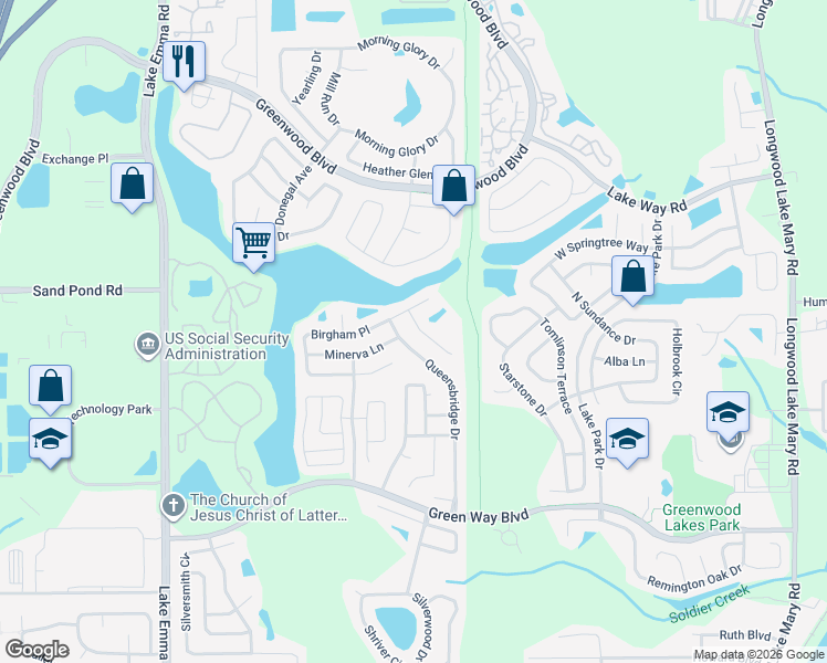 map of restaurants, bars, coffee shops, grocery stores, and more near 468 Queensbridge Drive in Lake Mary