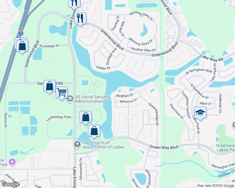 map of restaurants, bars, coffee shops, grocery stores, and more near 655 Birgham Place in Lake Mary