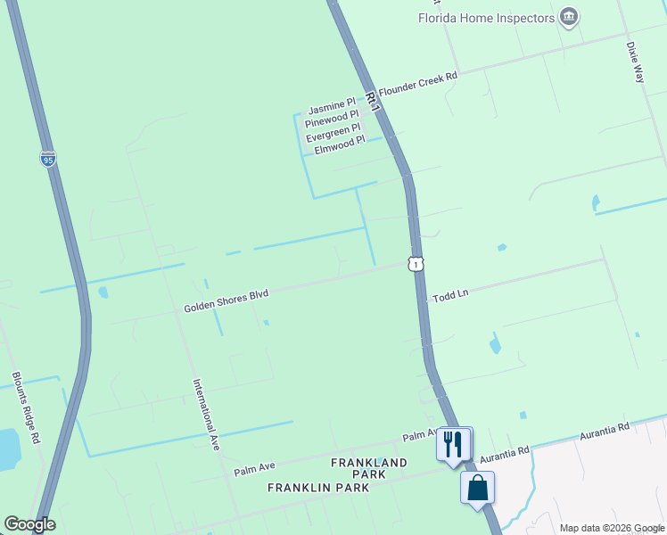 map of restaurants, bars, coffee shops, grocery stores, and more near 3900 Golden Shores Boulevard in Mims