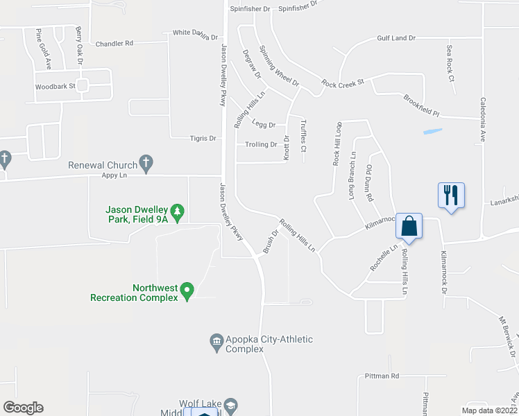 map of restaurants, bars, coffee shops, grocery stores, and more near 3148 Rolling Hills Lane in Apopka