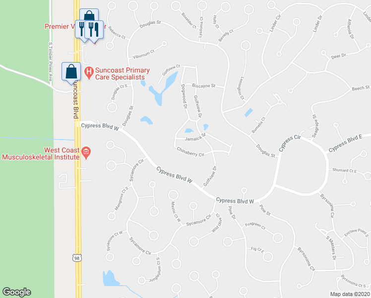 map of restaurants, bars, coffee shops, grocery stores, and more near 52 Chinaberry Circle in Homosassa