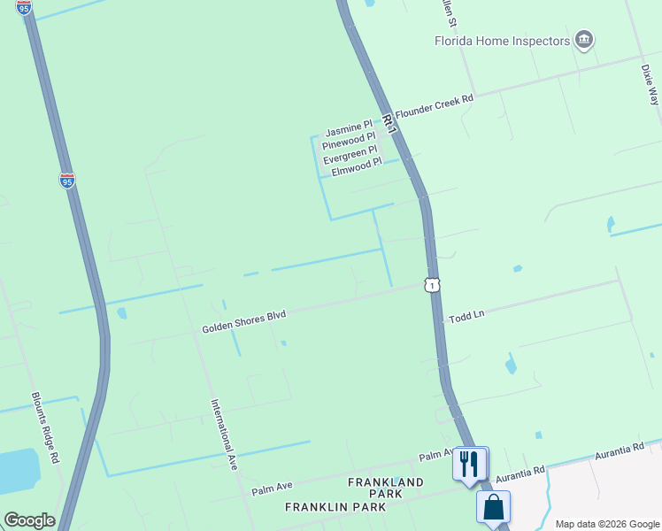 map of restaurants, bars, coffee shops, grocery stores, and more near 3900 Golden Shores Boulevard in Mims