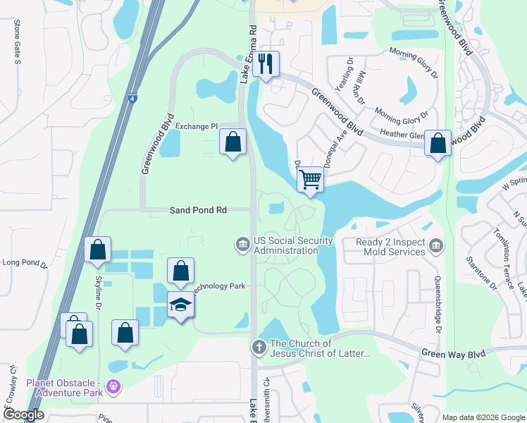 map of restaurants, bars, coffee shops, grocery stores, and more near 404 Sun Lake Circle in Lake Mary