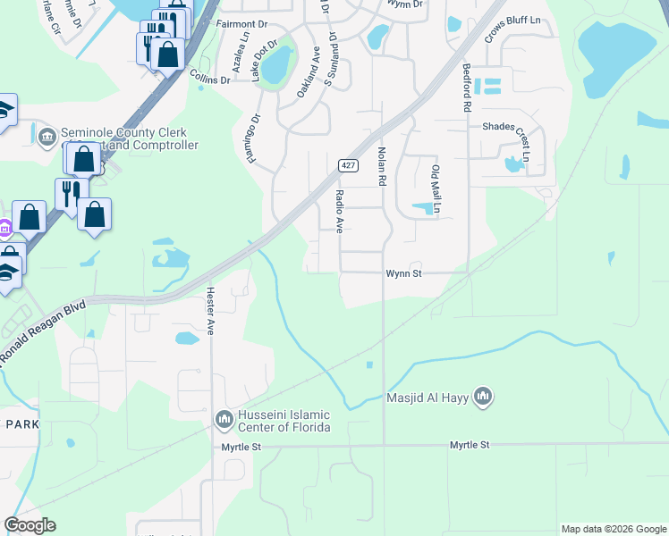 map of restaurants, bars, coffee shops, grocery stores, and more near 4454 Radio Avenue in Sanford
