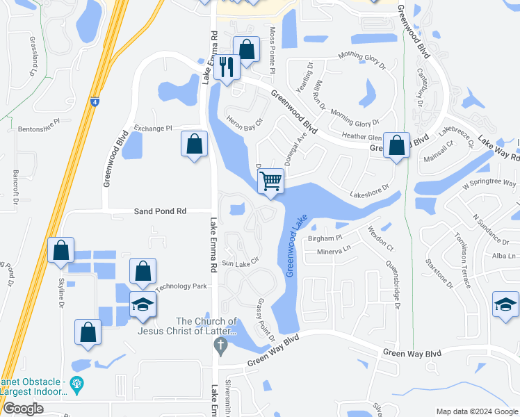 map of restaurants, bars, coffee shops, grocery stores, and more near 439 Sun Lake Circle in Lake Mary