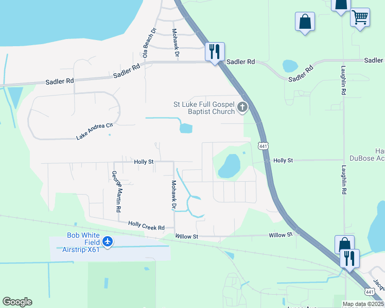 map of restaurants, bars, coffee shops, grocery stores, and more near 6759 Holly Street in Mount Dora