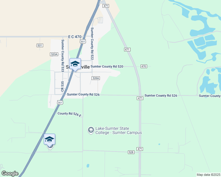 map of restaurants, bars, coffee shops, grocery stores, and more near 2732 County Road 526 in Sumterville