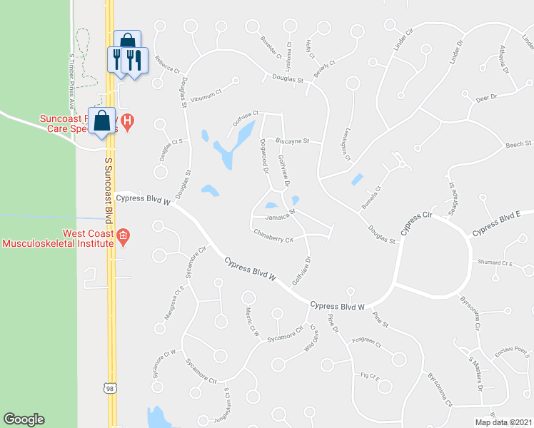 map of restaurants, bars, coffee shops, grocery stores, and more near 54 Jamaica Street in Homosassa