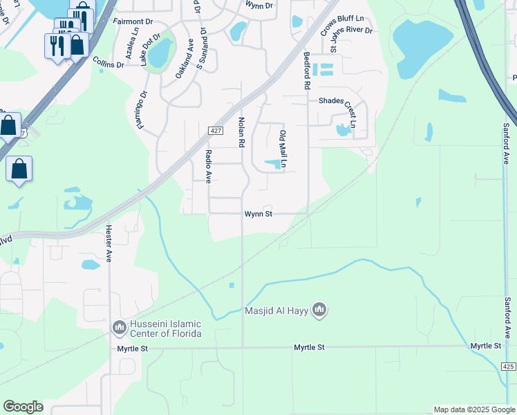 map of restaurants, bars, coffee shops, grocery stores, and more near 1090 Wynn Street in Sanford