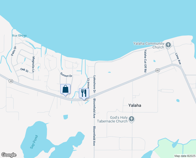 map of restaurants, bars, coffee shops, grocery stores, and more near 8332 Lakeshore Drive in Yalaha