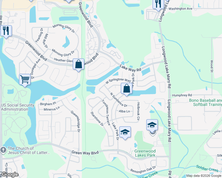 map of restaurants, bars, coffee shops, grocery stores, and more near 579 West Springtree Way in Lake Mary
