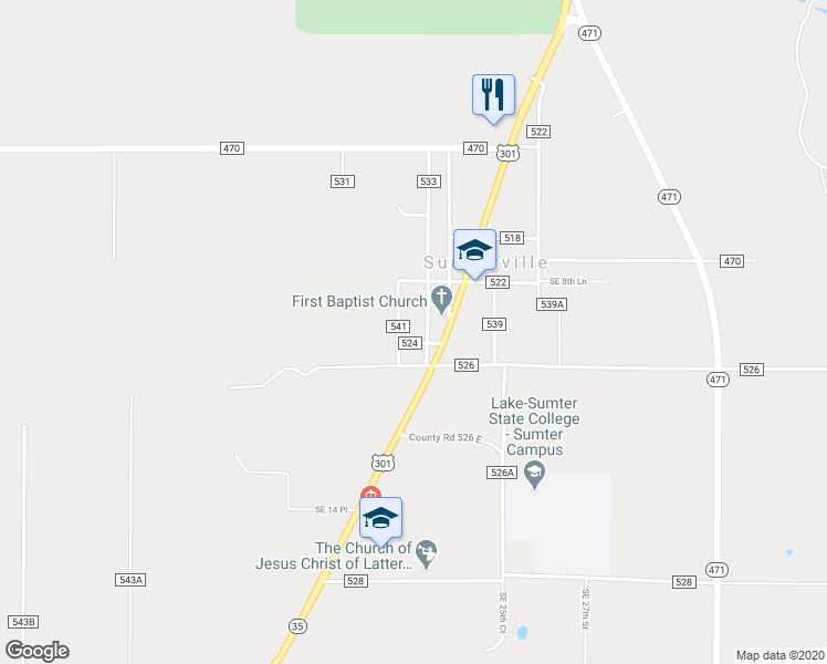 map of restaurants, bars, coffee shops, grocery stores, and more near 913 County Road 541 in Sumterville