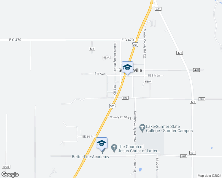 map of restaurants, bars, coffee shops, grocery stores, and more near 2274 County Road 524 in Sumterville