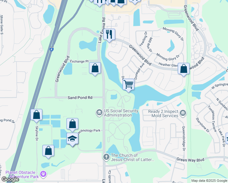 map of restaurants, bars, coffee shops, grocery stores, and more near 420 Sun Lake Circle in Lake Mary