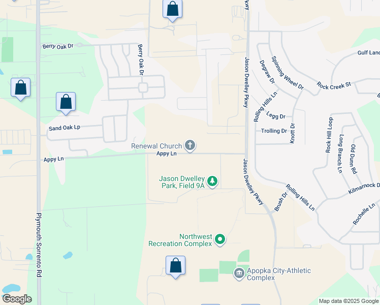 map of restaurants, bars, coffee shops, grocery stores, and more near 2335 Appy Lane in Apopka