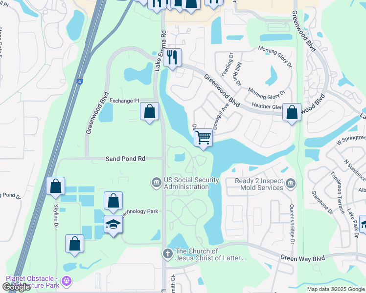 map of restaurants, bars, coffee shops, grocery stores, and more near 420 Sun Lake Circle in Lake Mary