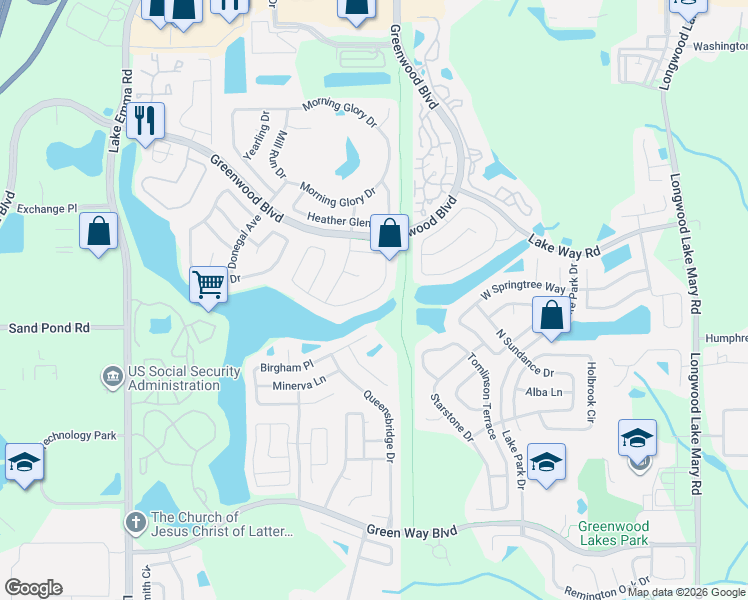 map of restaurants, bars, coffee shops, grocery stores, and more near 433 Lakeshore Drive in Lake Mary