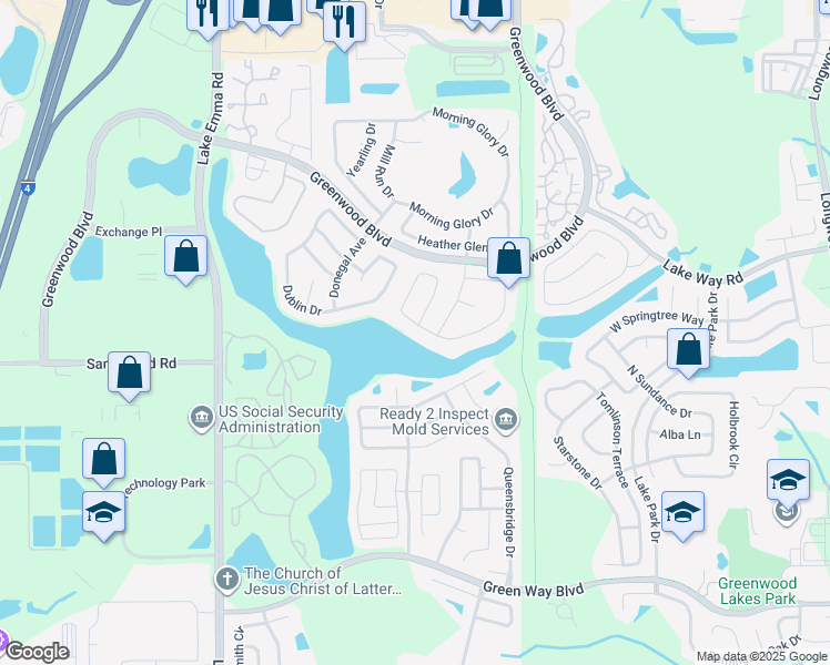 map of restaurants, bars, coffee shops, grocery stores, and more near 481 Lakeshore Drive in Lake Mary