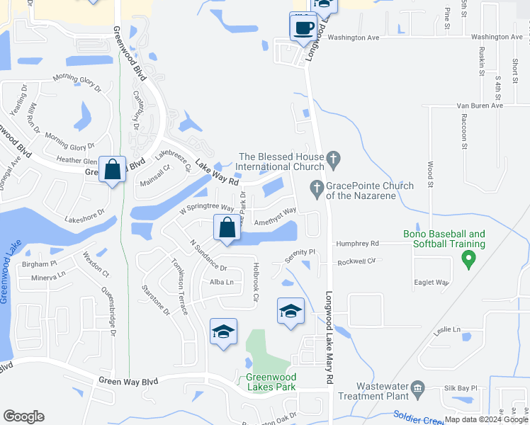 map of restaurants, bars, coffee shops, grocery stores, and more near 455 East Springtree Way in Lake Mary