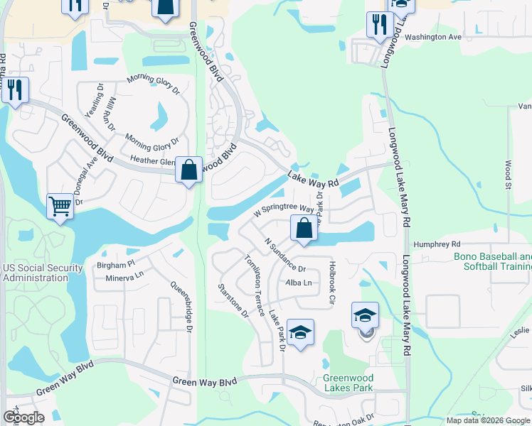 map of restaurants, bars, coffee shops, grocery stores, and more near 579 West Springtree Way in Lake Mary