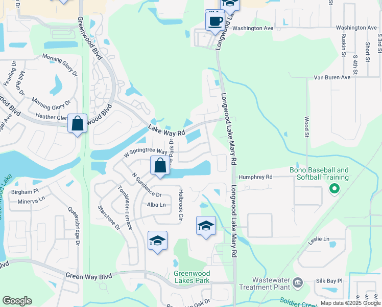 map of restaurants, bars, coffee shops, grocery stores, and more near 447 East Springtree Way in Lake Mary