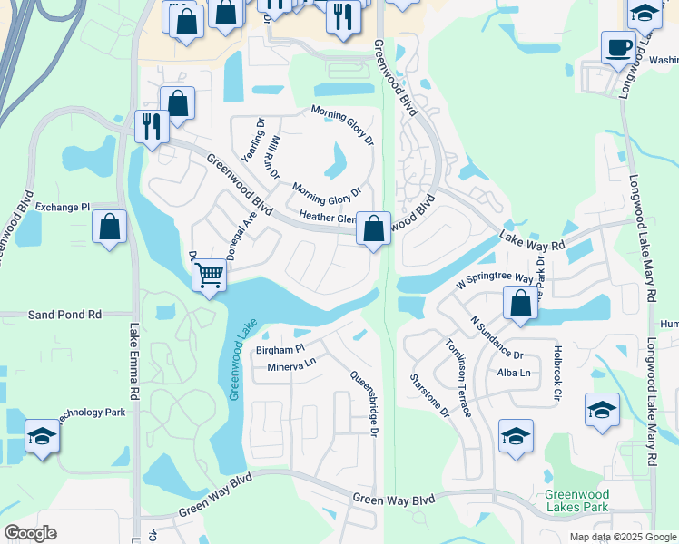 map of restaurants, bars, coffee shops, grocery stores, and more near 345 Buttonwood Way in Lake Mary